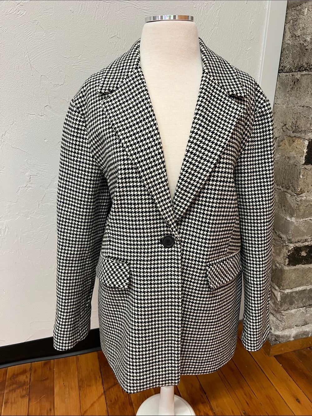 Coffee Shop NY Black & White Houndstooth Blazer Jacket Single-Button Size Large